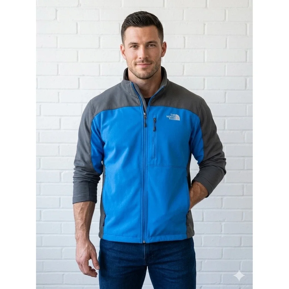 The North Face Apex Bionic Softshell Jacket Mens XL Blue Grey Windproof Full Zip